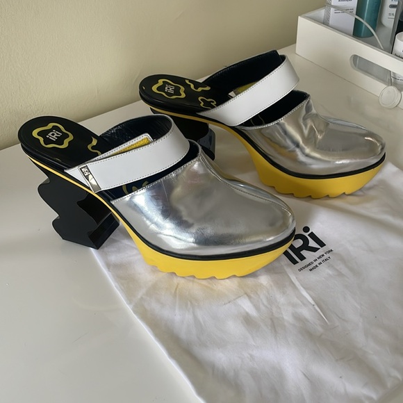 iRi Patent Leather silver, yellow and black Colorblock Mules size 39 shoe bag - Picture 5 of 11